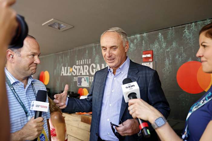 Jul 11, 2023; Seattle, Washington, USA; MLB commissioner Rob Manfred talks to the media before the 2023 MLB All Star Game at T-Mobile Park.